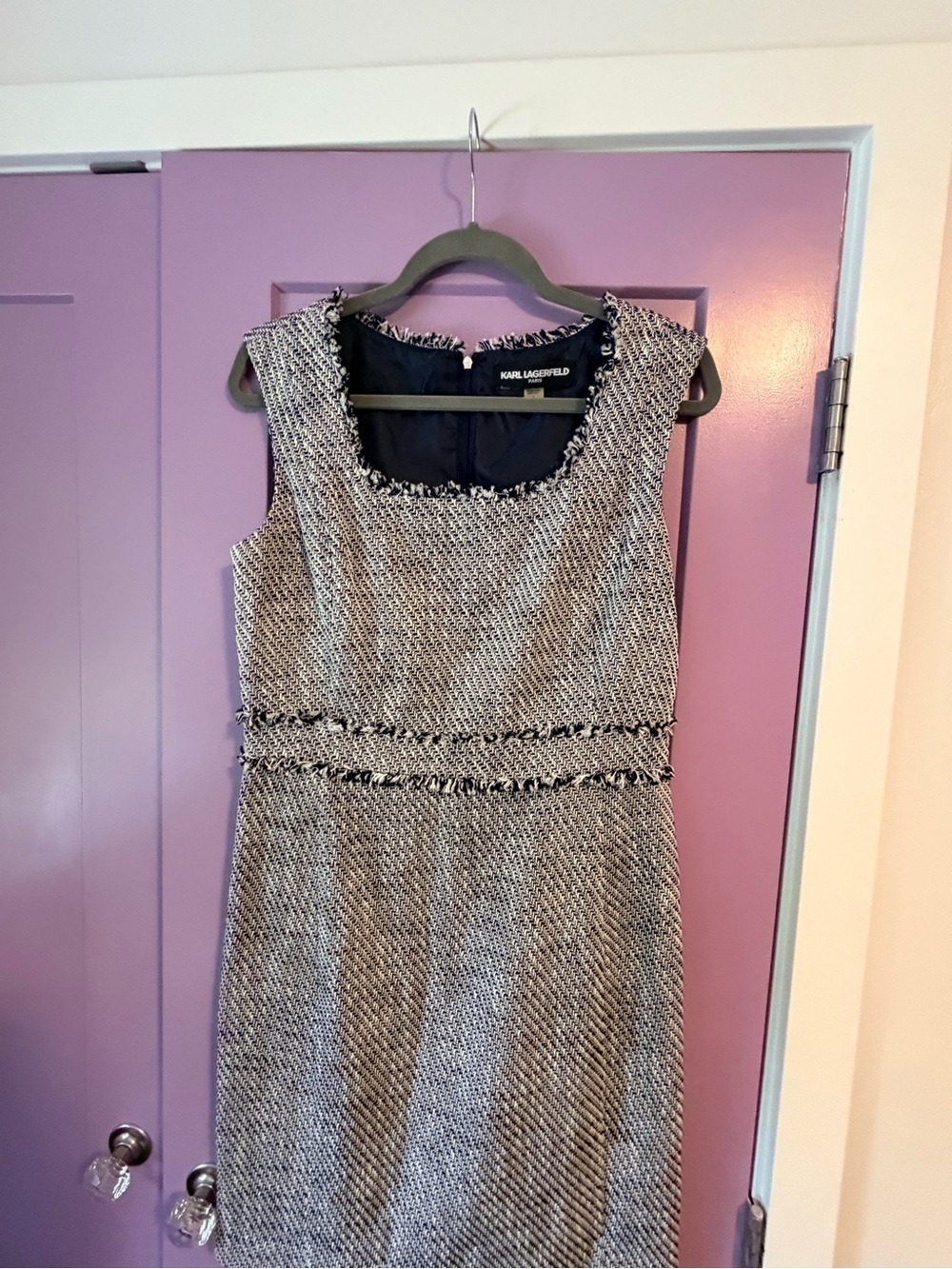 Karl Lagerfeld Black and White Tweed Fringe Trim Sheath Dress